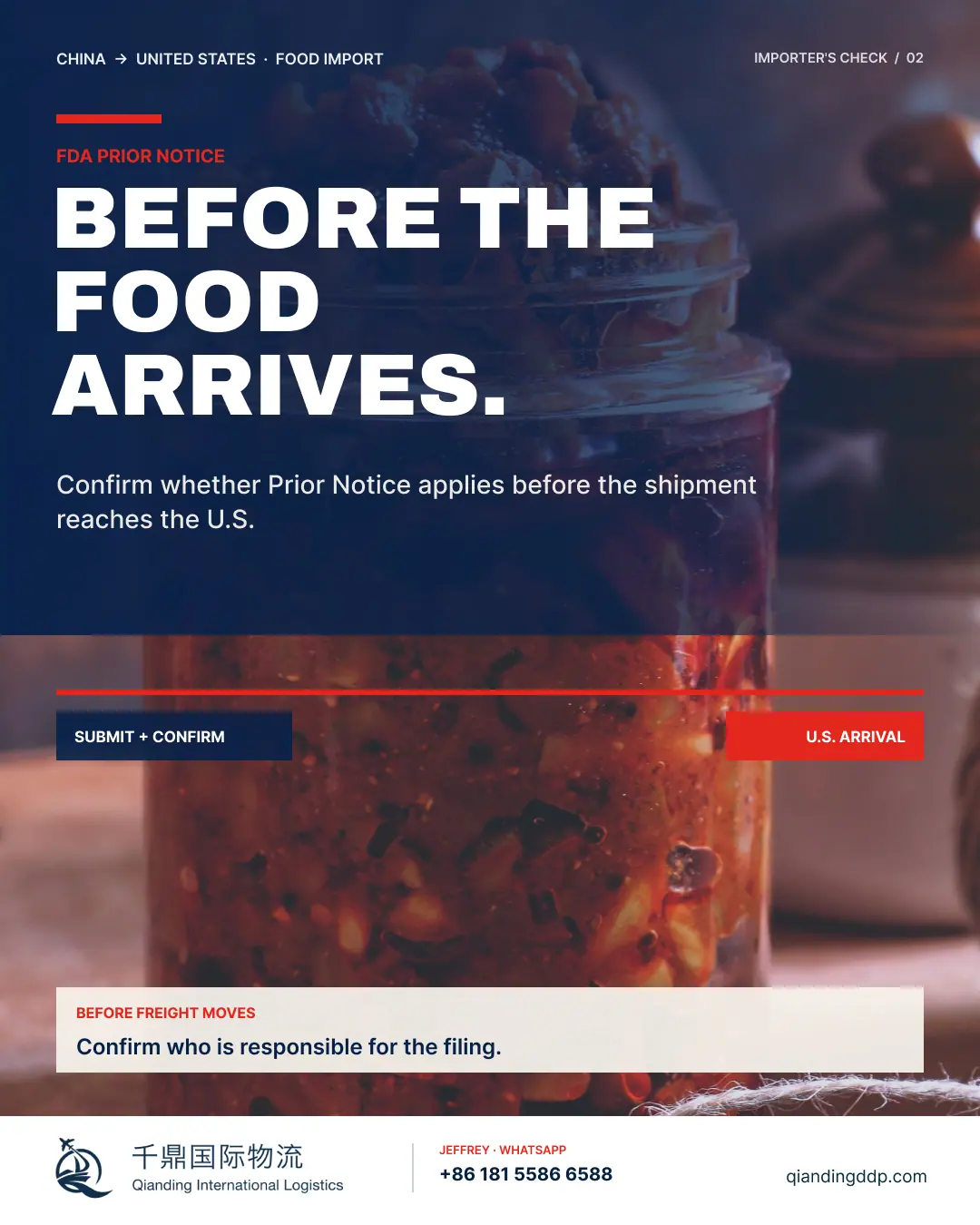 千鼎国际物流食品进口提示图：适用食品到达美国前，确认 FDA Prior Notice 的适用范围、责任人和提交时间。